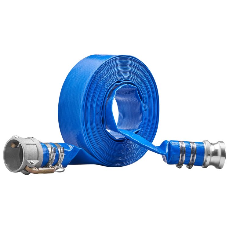 Backwash Hose, 2 In X 50 Ft, Heavy Duty Pvc Flat Pool Discharge Hose With Aluminum Camlock C & E Fittings, Clamps, Compatible With Pumps, Sand Filters, For Swimming Pools Waste Water Drain, Blue