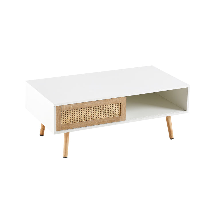 41.34" Rattan Coffee Table, Sliding Door For Storage, Solid Wood Legs, Modern Table For Living Room ,White