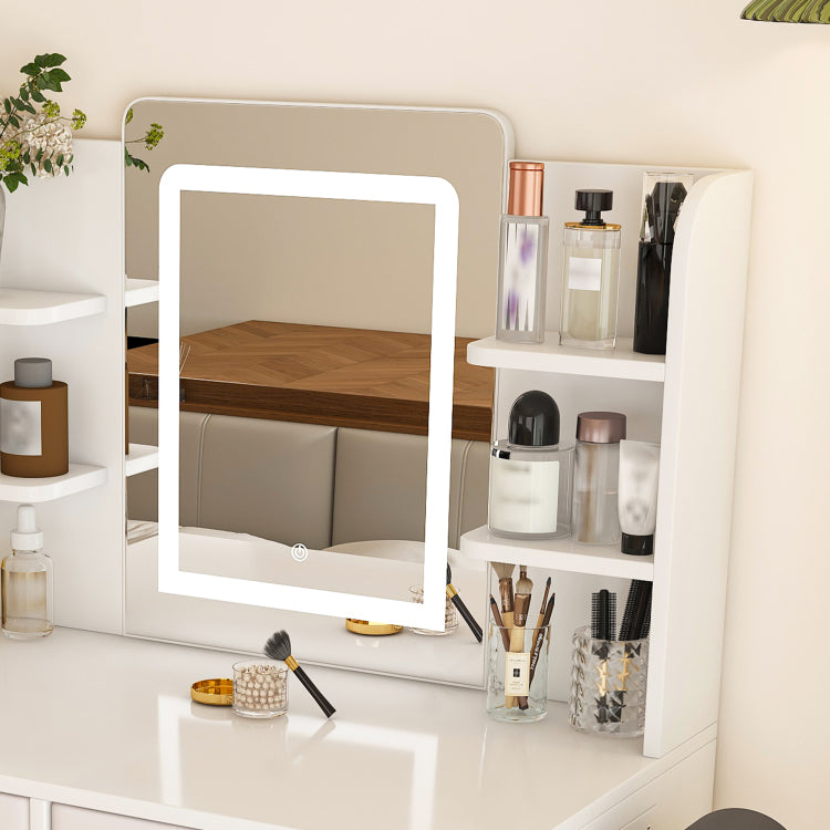 Led Mirror Vanity Dressing Table With Lights For Women & Girls 3 Color Adjustable Light Strips, 2 Large Drawers, Hair Dryer Stand & Non Woven Storage Bag, Makeup Desk Bedroom Furniture