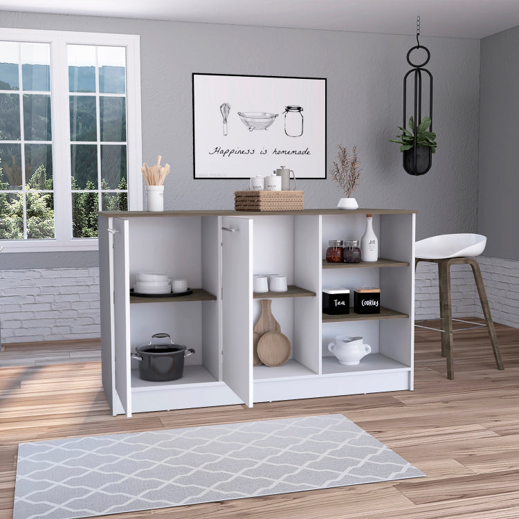 Ginger Kitchen Island, Three Open Shelves, Two Cabinets White Dark Brown