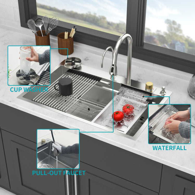 33" Drop In Waterfall Kitchen Sink 33*22*10 Inch Single Bowl 16 Gauge Stainless Steel Ledge Workstation Kitchen Sinks With Pull Down Faucet & Cup Washer