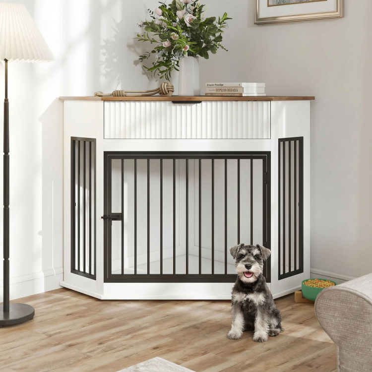 44.6'' Corner Mdf Dog Crate Furniture For Small Medium Dogs, Decorative Dog Kennel End Table With Fluted Drawer Storage, Modern Space Saving Dog Cage Cabinet For Home D Cor Indoor White