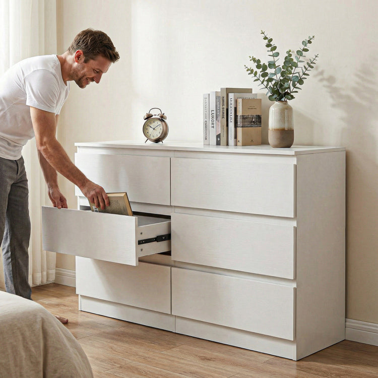 6 Drawer White Dresser, Modern Dresser For Bedroom With Spacious Countertop, Wood Storage Cabinet With Concealed Handles & 6 Deep Drawers For Bedroom, Living Room, Entryway, 15.7" D X 47.2" W X