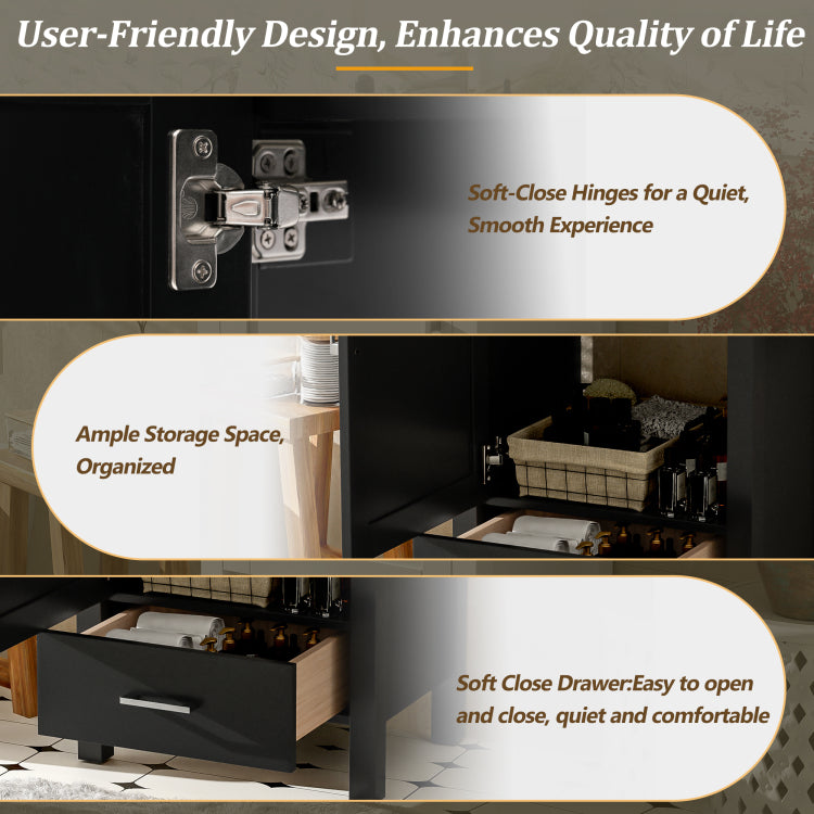 20.28'' Black Modern Bathroom Vanity With Ceramic Sink, Solid Wood Frame, And Drawer Ideal For Small Bathrooms