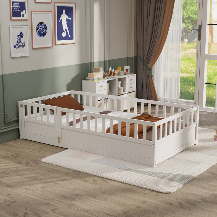 Twin Size Floor Bed, Integral Construction With Super High Security Barrier, Door, Children'S Floor Bed Frame, Montessori Wooden Children'S Floor Bed, White Patented Model