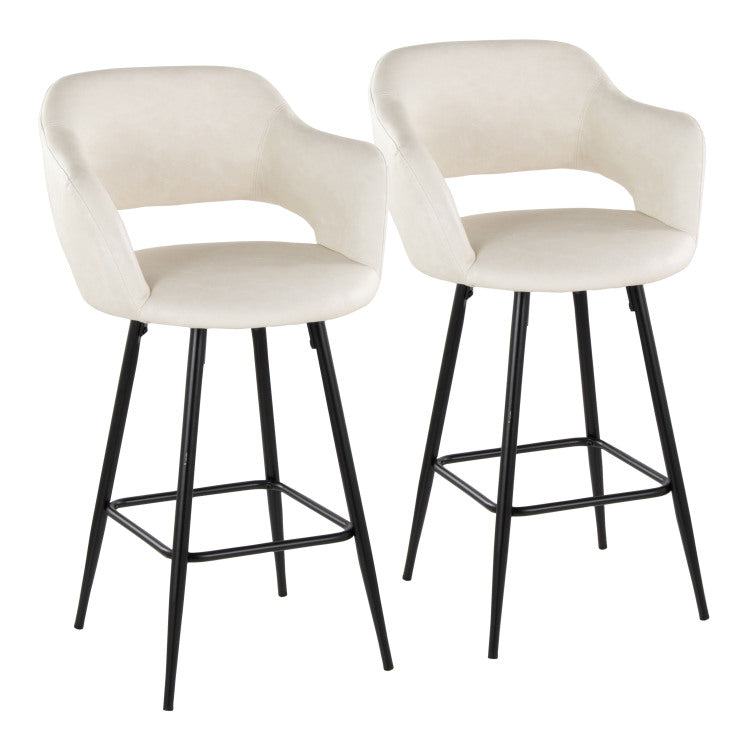 26" Contemporary Fixed Height Counter Stool In Black Metal And Cream Faux Leather With Square Black Metal Footrest Set Of 2