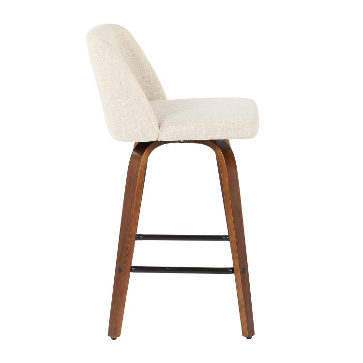 Mid Century Modern Counter Stool In Walnut And Cream Fabric Set Of 2