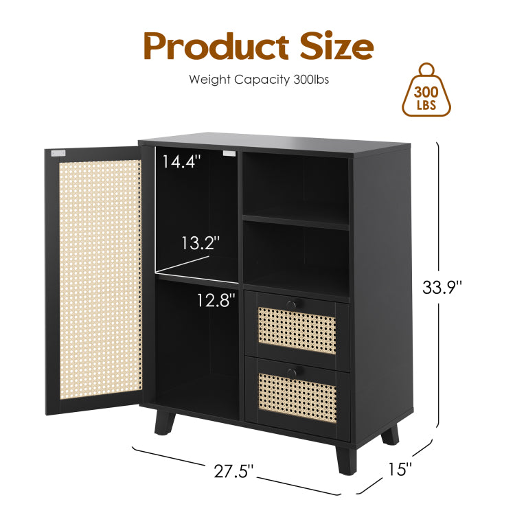 Rattan Buffet Cabinet With Adjustable Shelf, Sideboard With Drawers For Living Room, Kitchen, Entryway
