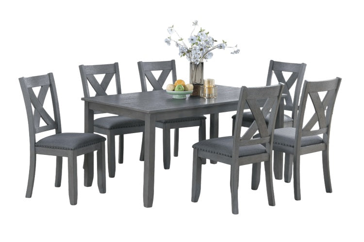Gray Finish Dining Table 6X Chairs 7Pcs Dining Set Cushion Seat Nailhead X Cross Back Chairs Dining Room Furniture Modern Style