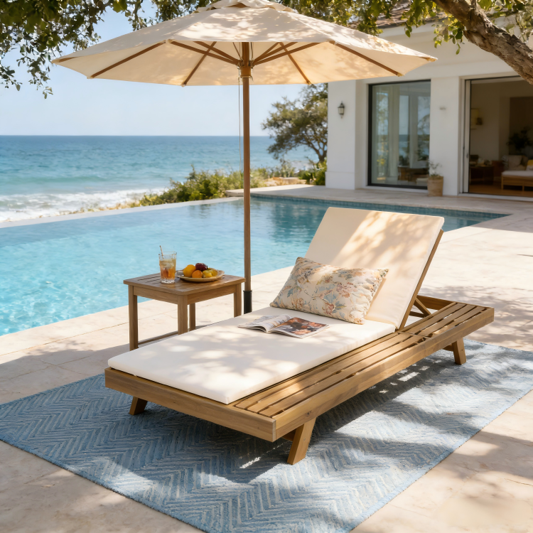 Lounge Chaise Set, Space Available On One Side, Acacia Wood In Light Brown With Water Resistant Lounge Cushions Cream & 2 Inch Thick Matching Dark Grey Leaf Coconut Version Available