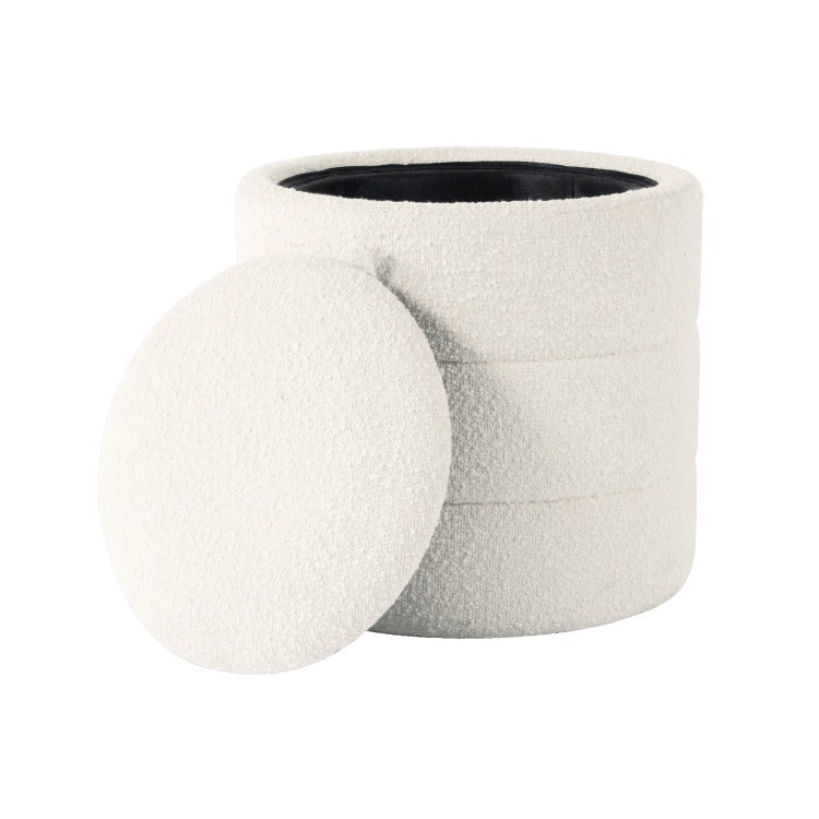 Pero Storage Ottoman, 18 Inch Round Removable Lid, White Boucle Fabric