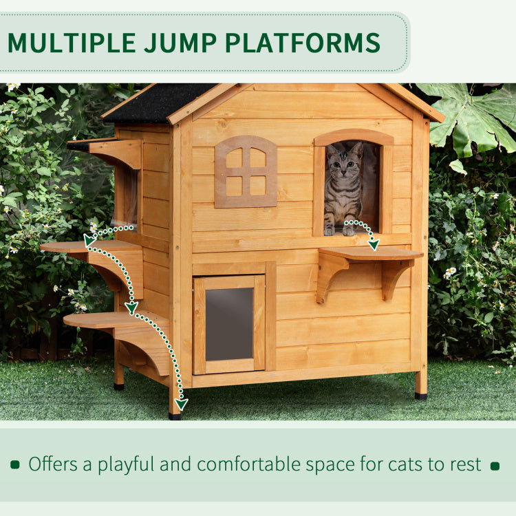 Pawhut 2 Story Cat House Outdoor, Weatherproof Wooden Cat Enclosure For Feral Cats With Escape Door, Openable Roof, Jumping Platforms, Natural