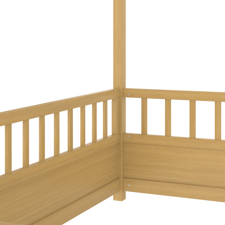 Twin Size Floor Wooden Bed With House Roof Frame, Fence Guardrails, Twin,Natural