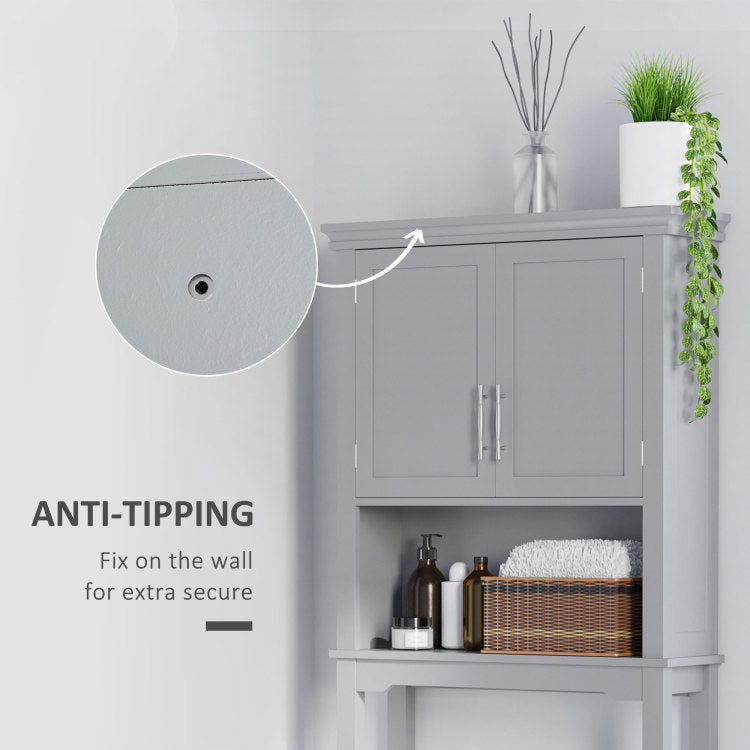 Kleankin Modern Over The Toilet Storage Cabinet, Double Door Bathroom Organizer With Inner Adjustable Shelf And Open Shelf, Grey