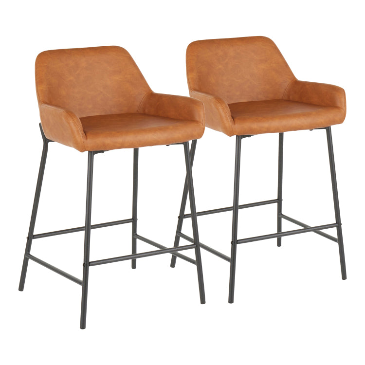Counter Stool In Black Metal And Camel Faux Leather Set Of 2