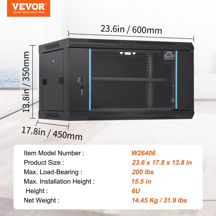 6U Wall Mount Network Server Cabinet, 15.5'' Deep, Server Rack Cabinet Enclosure, 200 Lbs Max. Ground Mounted Load Capacity, With Locking Glass Door Side Panels, For It Equipment, A V Devices
