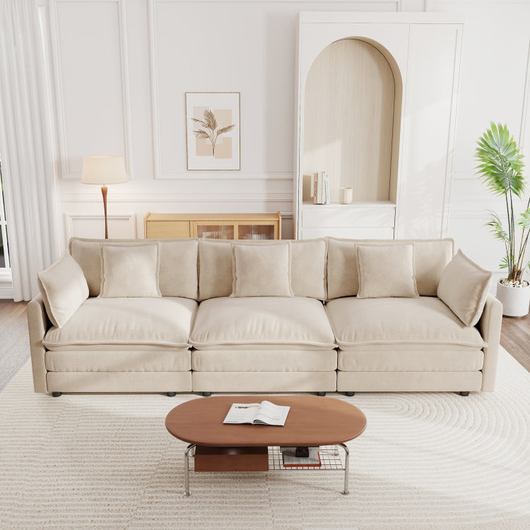 Mid Century Modern Couch 3 Seater Sofa With 2 Armrest Pillows And 3 Toss Pillows, Couch For Living Room Light Coffee Chenille
