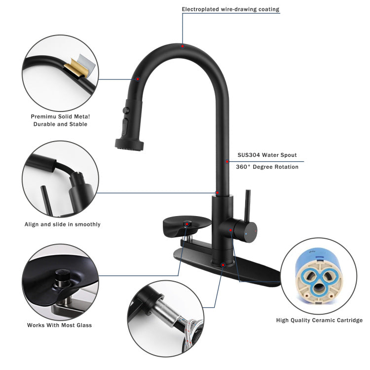 3 In 1 Kitchen Faucet With Press Type Glass Rinser, High Arc Pull Down Sprayer Faucet, 3 Function Spray Mode, Matte Black Finish, For Modern Kitchen Sink