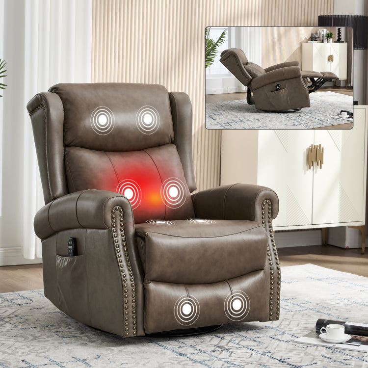 Heat Massage Manual Recliner Chair With Rocker And Swivel In Genuine Leather For Living Room