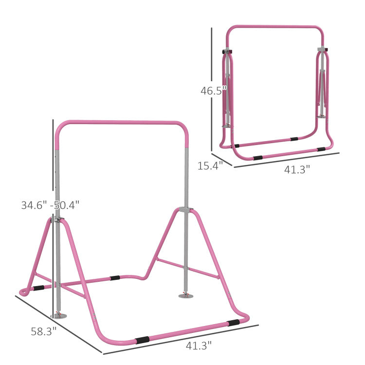 Qaba Folding Gymnastics Bar For Kids With Shock Absorption, Adjustable Gymnastics Horizontal Bar, Gymnastics Kip Bar For Home Use, Pink