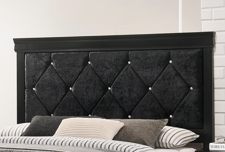 Modern 1Pc Black Finish Queen Size Panel Bed Wooden Fabric Upholstered Headboard Crystal Like Button Tufted Fabric Bedroom Furniture