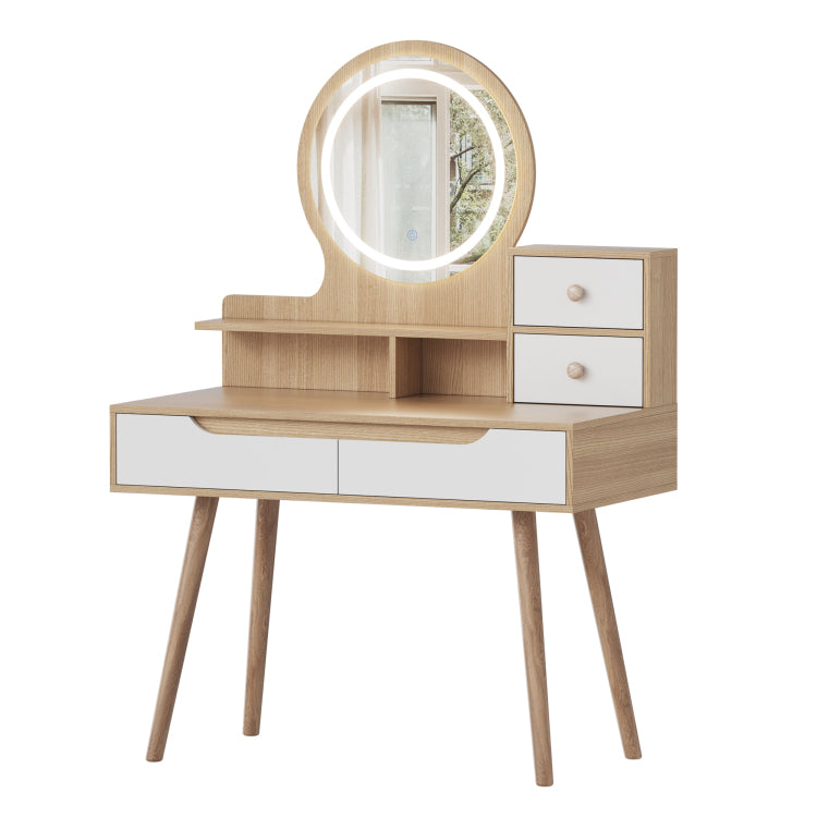 Makeup Vanity Desk With 3 Adjustable Lighted Mirror With Solid Wood Table Feet , Dressing Table Set With 4 Drawers And 3 Open Shelves For Small Space Bedroom
