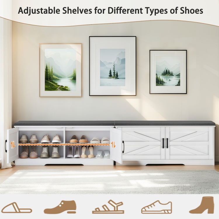 2 Tier Storage Bench, Farmhouse Shoe Bench With Padded Seat Cushion, Entryway Bench With 2 Barn Doors & 2 Adjustable Shelves, 13.75" D X 39.4" W X 17.72" H, For Entryway, Bedroom, Living Room, White