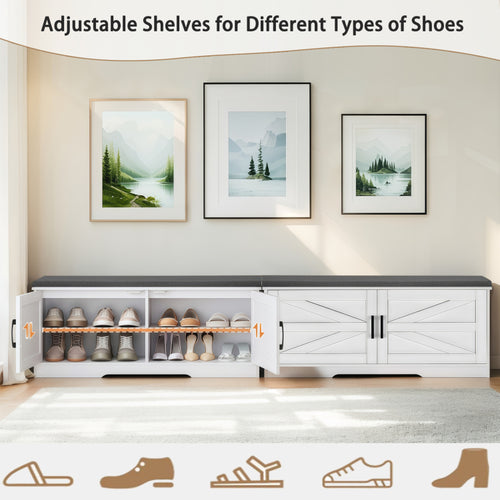 2 Tier Storage Bench, Farmhouse Shoe Bench With Padded Seat Cushion, Entryway Bench With 2 Barn Doors & 2 Adjustable Shelves, 13.75" D X 39.4" W X 17.72" H, For Entryway, Bedroom, Living Room, White