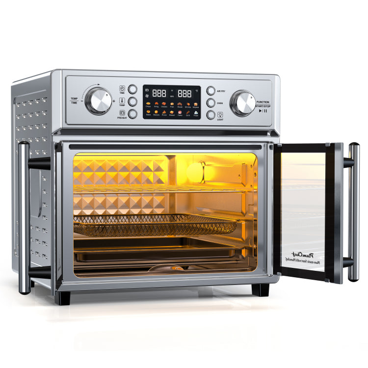 Plumchef 26Qt Large Capacity French Double Door Air Fryer Convection Toaster Oven, 1700W, 14 Preset Menus, 7 In 1 Multi Function Bake, Roast, Gril,Toast,Dehydrate&Defrost , Stainless Steel,Silvery