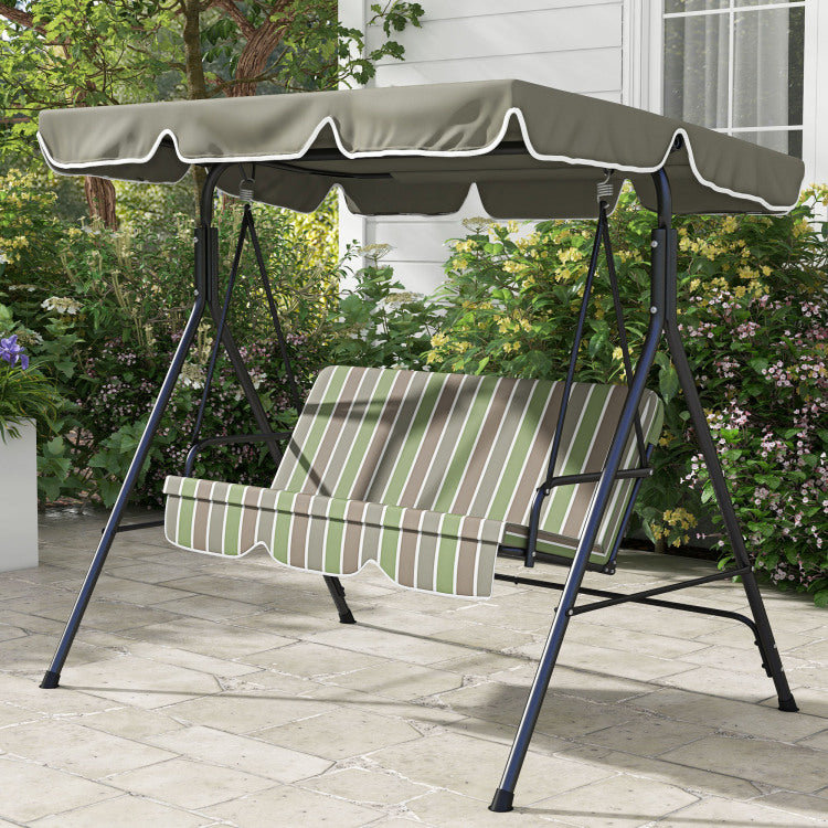 Outsunny 3 Seat Outdoor Patio Swing Chair With Removable Cushion, Steel Frame Stand And Adjustable Tilt Canopy For Patio, Garden, Poolside, Balcony, Backyard, Beige & Green