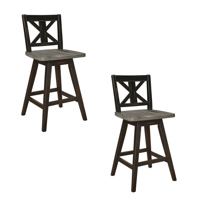 Farmhouse Swivel Counter Height Chair With X Shaped Back, Set Of 2, Antique Gray, Black