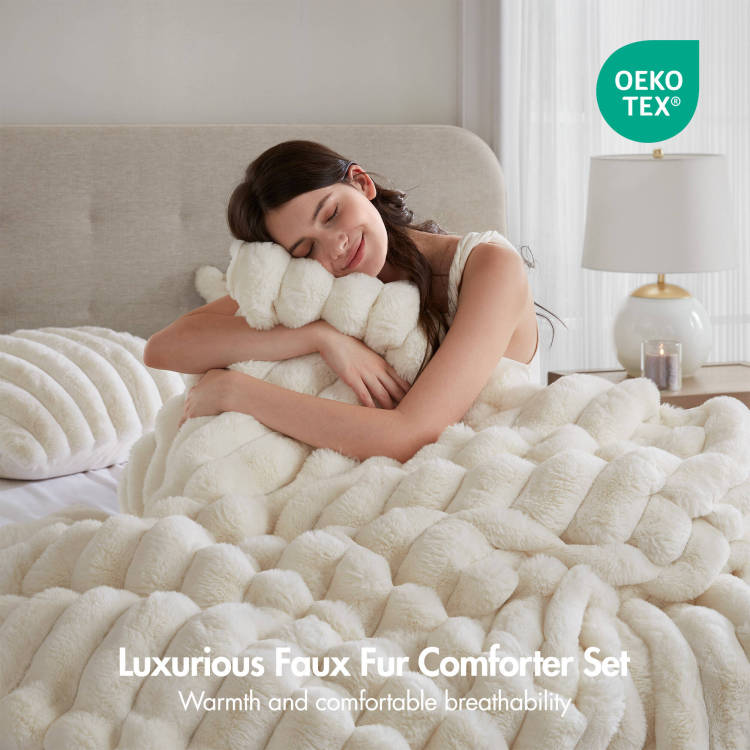 3 Piece Full Queen Soft Faux Fur Ribbed Comforter Set,Ivory