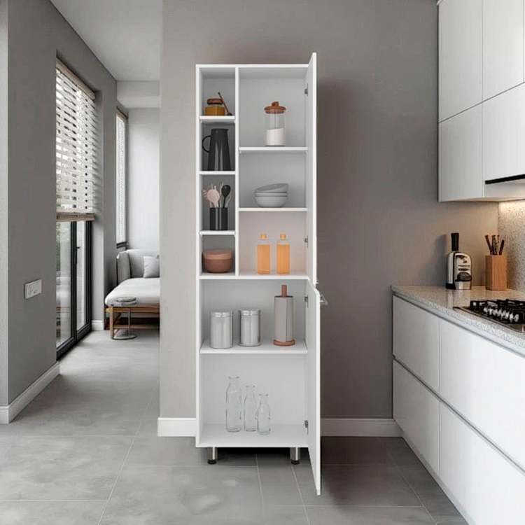 White Kitchen Pantry With Multiple Open And Closed Shelves