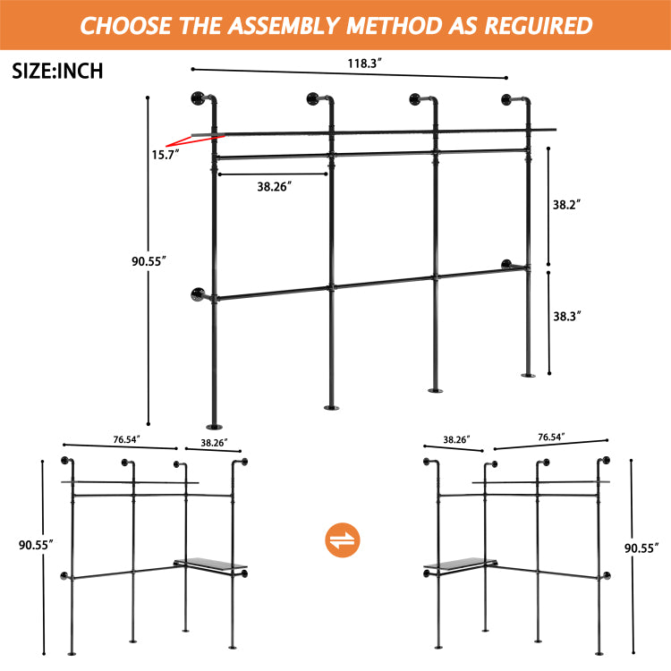 Industrial Pipe Clothing Rack, Reversible 118.3'' Clothes Rack For Hanging Clothes, Heavy Duty Garment Rack Closet Wardrobe Rack With Led Lights & Shelves, Walk In Closet System, Black Three