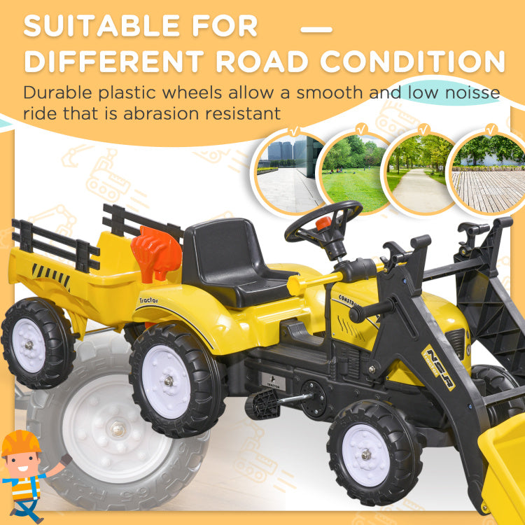 Aosom Kids Ride On Excavator, Pedal Car Bulldozer, Move Forward Back With Real Working Dirt Bucket, 6 Wheels, & Cargo Trailer