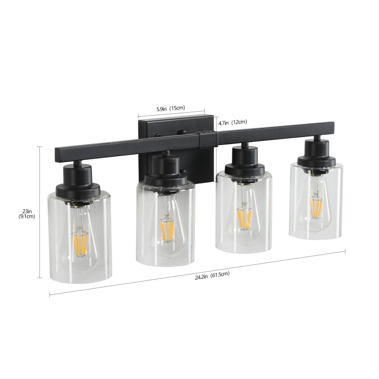 24" Modern Black 4 Light Bathroom Vanity Light Fixture, Industrial Wall Sconce With Clear Glass Shades For Mirror, Bathroom, Bedroom, And Hallway No Bulbs