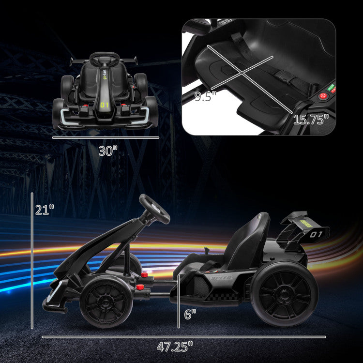 Aosom 24V 7.5 Mph Electric Go Kart With Adjustable Seat, Drifting Car Battery Powered Ride On Toy Outdoor With Slow Start, Button Start, Music, Honking Horn, Lights, For 6 12 Years Old, Black