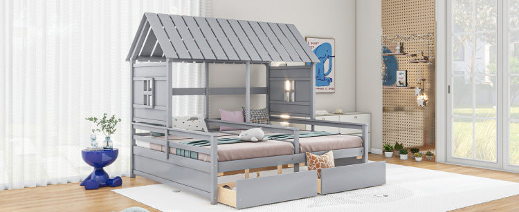 Twin Size House Platform Beds With Two Drawers For Boy And Girl Shared Beds, Combination Of 2 Side By Side Twin Size Beds, Gray