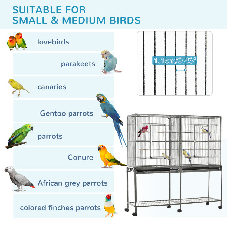 Pawhut 65" Double Rolling Metal Bird Cage Feeder With Detachable Rolling Stand, Storage Shelf, Wood Perch & Food Container