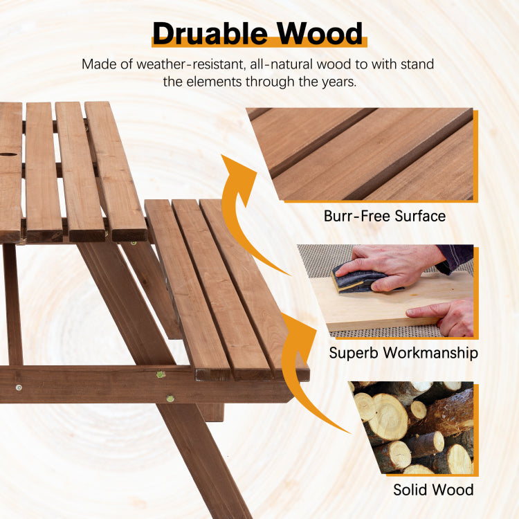 8 Person Brown Wooden Picnic Table, Outdoor Camping Dining Table With 2 Seats, Garden, Diy With 2 Built In Benches, 2220Lb Capacity