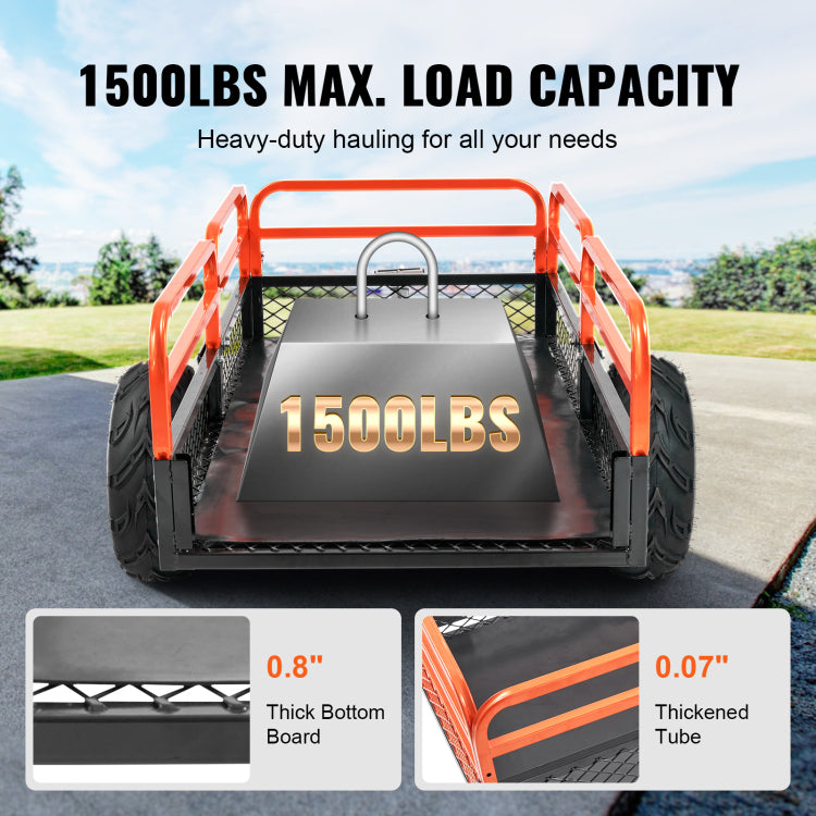 Heavy Duty Steel Atv Dump Trailer, 1500 Pound Load Capacity 15 Cubic Feet, Tow Behind Dump Cart Garden Trailer, With Removable Sides And 2 Tires, For Mowers, Tractors, Atv, Utv