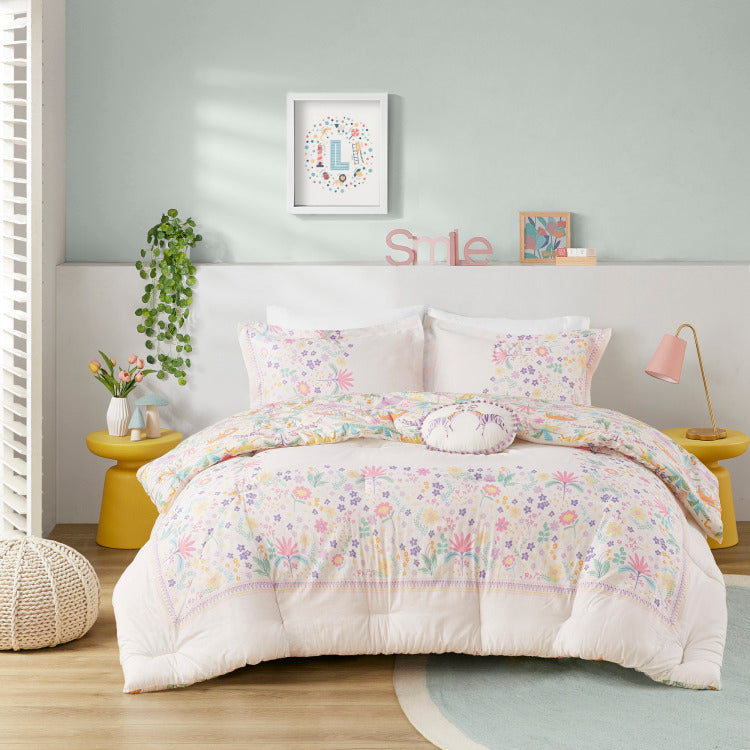 4 Pcs Full Queen Floral Reversible Cotton Comforter Set With Throw Pillow Purple
