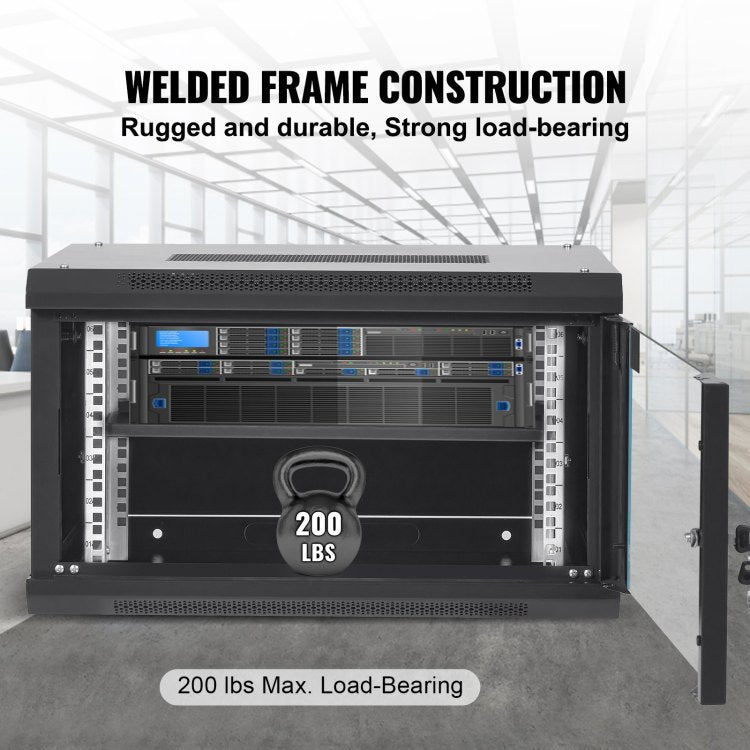 6U Wall Mount Network Server Cabinet, 15.5'' Deep, Server Rack Cabinet Enclosure, 200 Lbs Max. Ground Mounted Load Capacity, With Locking Glass Door Side Panels, For It Equipment, A V Devices