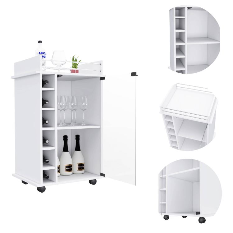 Bar Cart, Glass Door, Four Casters, Two Shelves, White