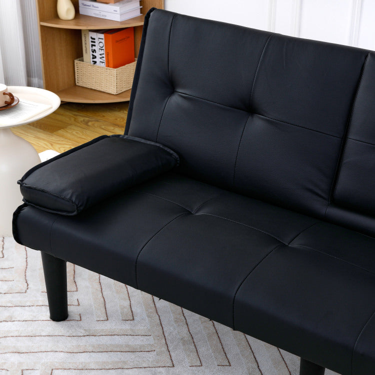 The 67 Inch Black Pvc Multi Functional Sofa Bed With A Foldable And Cup Holder Design Makes It Extremely Convenient To Turn The Living Room Into A Guest Room