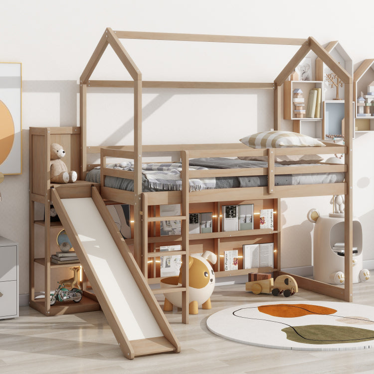 Twin Size Wood House Loft Bed With Slide, Storage Shelves And Light, Climbing Ramp, Wood Color