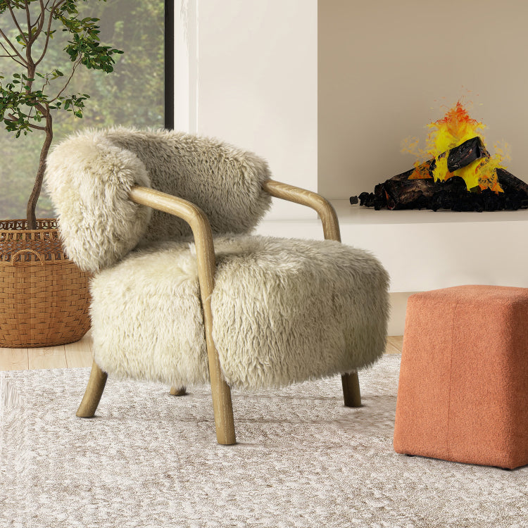 Becker 33" Rustic Oak Sheepskin Upholstered Accent Arm Chair, Taupe Beige Genuine Fur