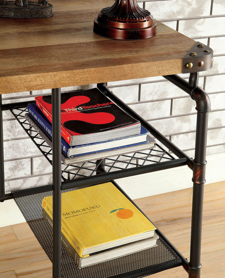 Industrial Inspired Desk With An Antique Black Metal Construction Replicated Wood Top And Caster Wheel Accents