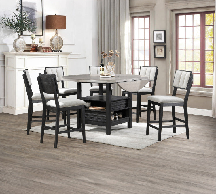 1Pc Farmhouse Contemporary Counter Height Table With Storage Single Pedestal Round Black Gray Natural Grain Integrated Turntable Drop Leaves And Built In Shelving