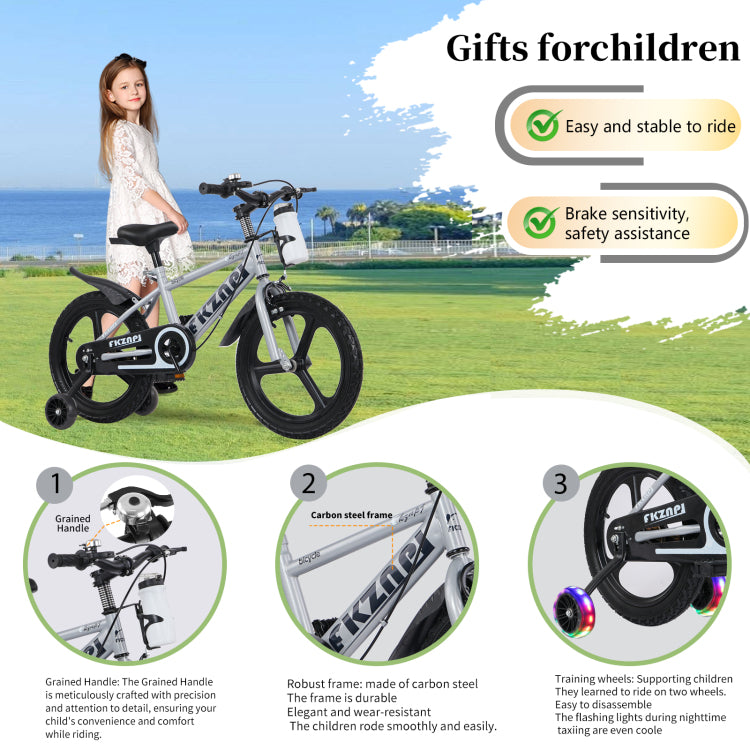 Fkznpj Kids Bike 16 Inch High Carbon Steel Frame, Magnesium Alloy Wheels, Training Wheels With Night Glow, Adjustable Seat, Water Bottle Girls & Boys Bicycle Ages 3 9, Toddler Bike